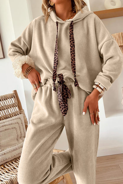 Dark Khaki Leopard Drawstring Pullover Hoodie and High Waist Pants Corduroy Suit