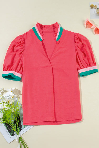 Bright Green Colorful Trim V Neck Short Sleeve Blouse