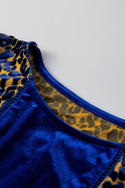 Sky Blue Leopard Patchwork Shoulder Flounce Sleeve Velvet Blouse