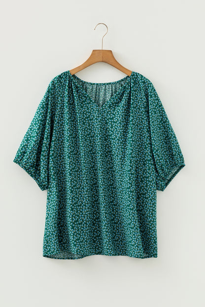 Black Boho Chic Notched V Neck Plus Floral Short Sleeve Top