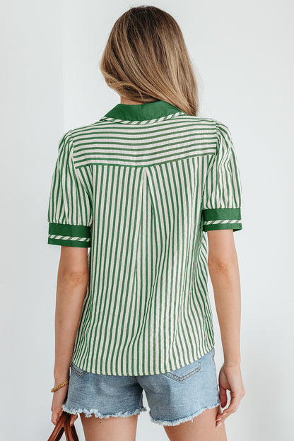 Black Stripe Collared Split Neck Short Bubble Sleeve Blouse
