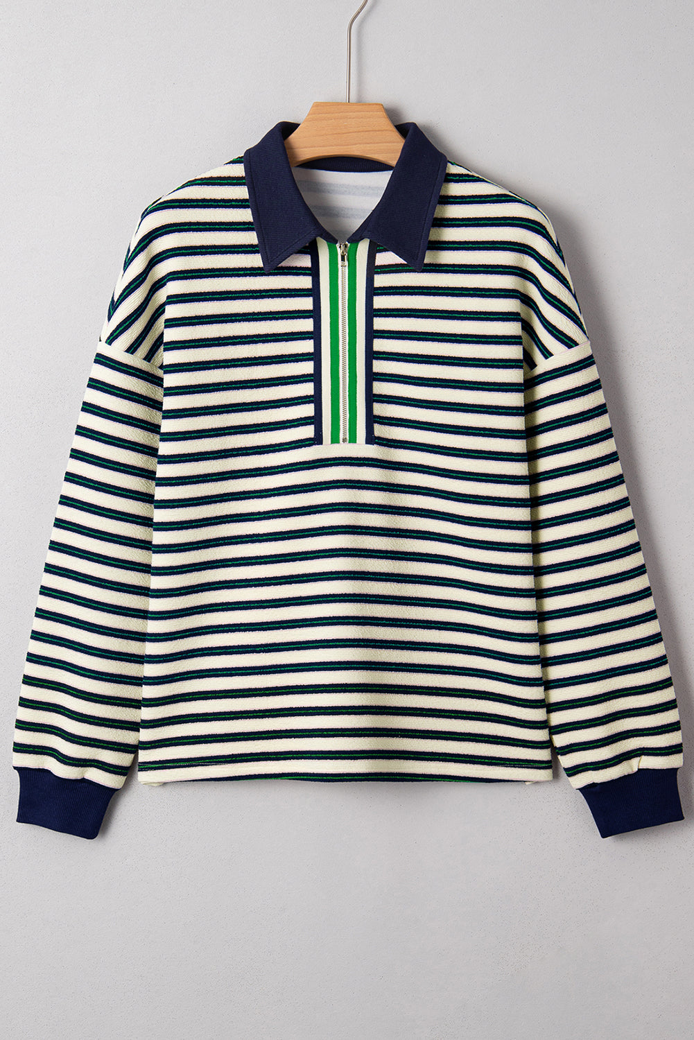 Racing Red Striped Print Contrast Collar Zip V Neck Long Sleeve Top