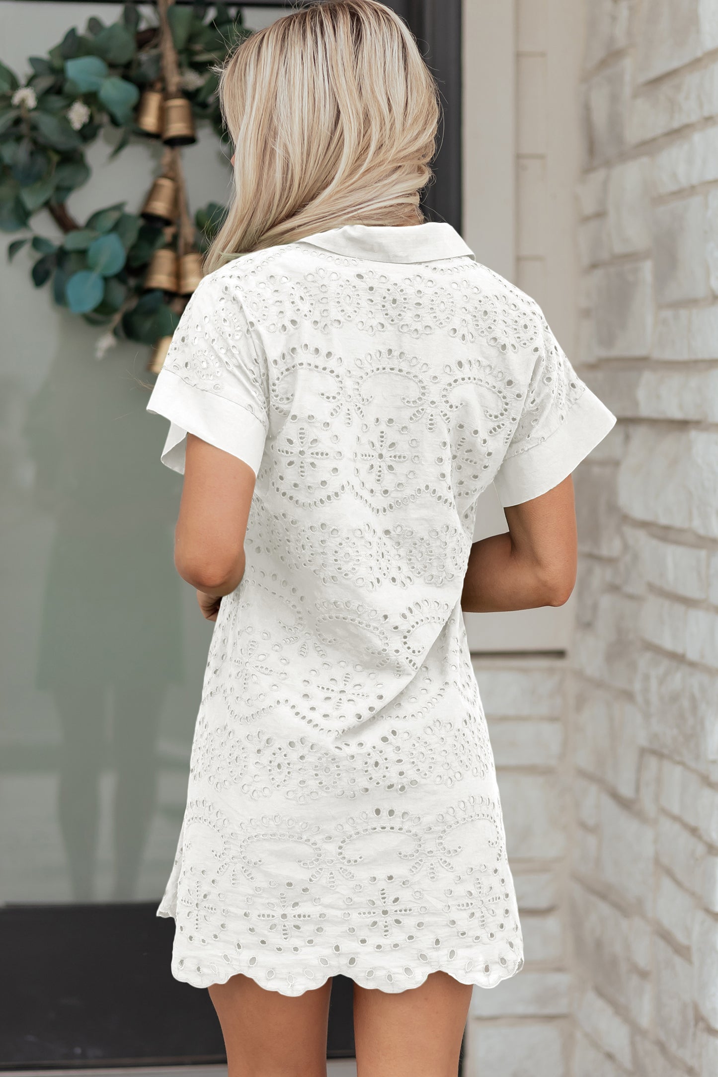 Rose Red Solid Color Eyelet Embroidered T Shirt Mini Dress