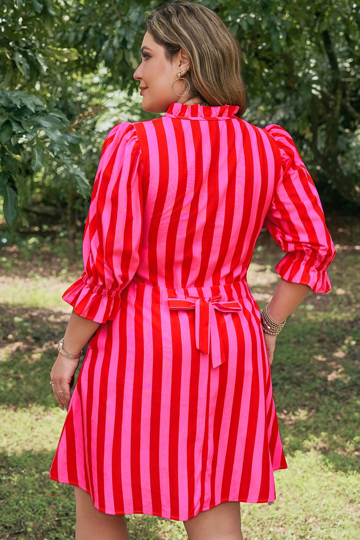 Rose Stripe Frilled Collar Button Neck Short Sleeve Curvy Mini Dress