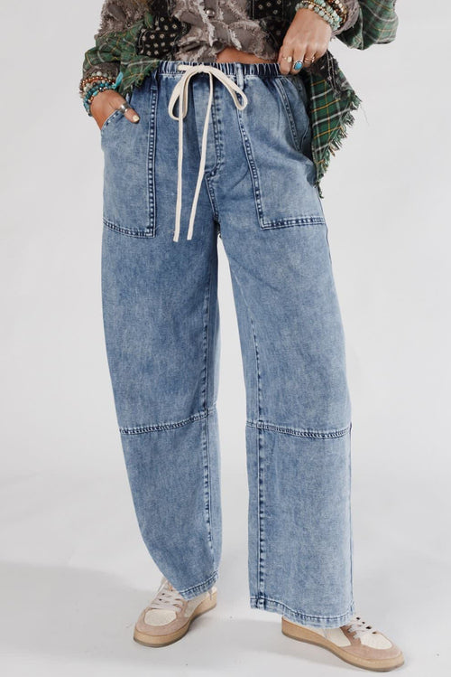 Ashleigh Blue Acid Wash Exposed Seam Drawstring Elastic Waist Barrel Jeans