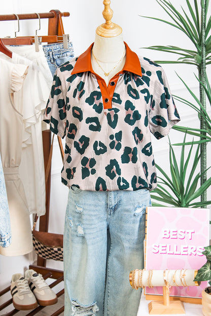Casual Unique Leopard Print Button Contrast Collared Short Sleeve Blouse