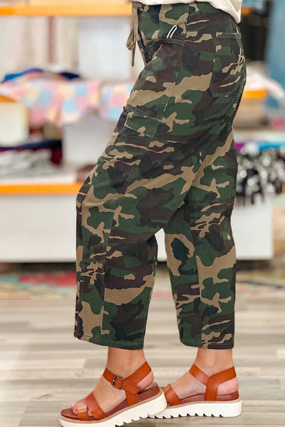 Green Camouflage Print Drawstring Patch Pocket Ankle Length Jeans