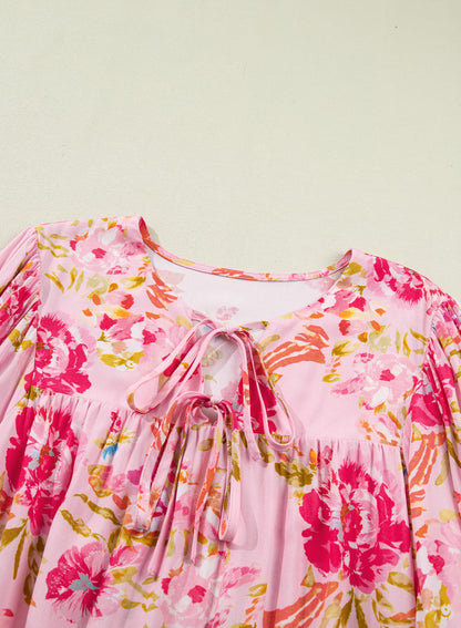 Pink Plus Size Floral Print V Neck Tie Front Short Sleeve Tunic Top