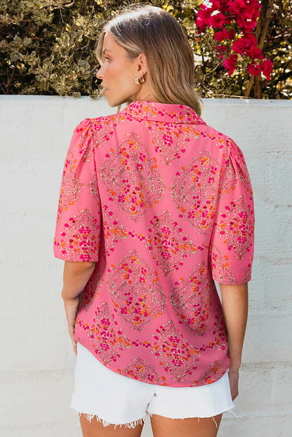 Rose Red Floral Print Wide Short Sleeve Loose Shirt