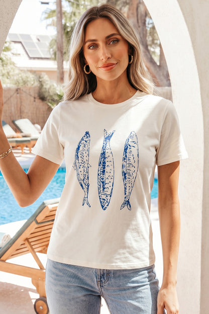 White Fish Print Short Sleeve Round Neck T Shirt