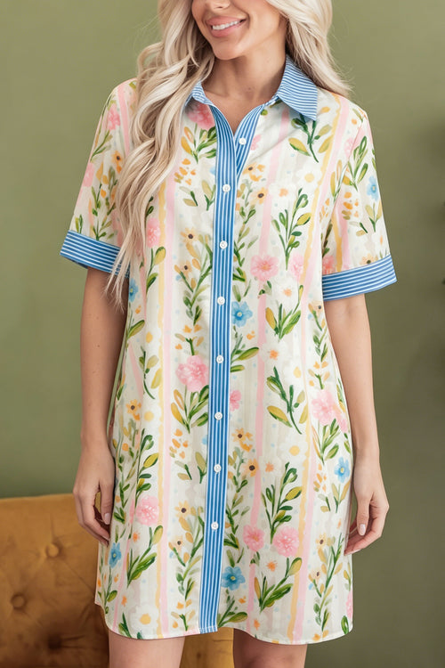 Multicolour Floral Print Striped Trim Button Down Shift Dress
