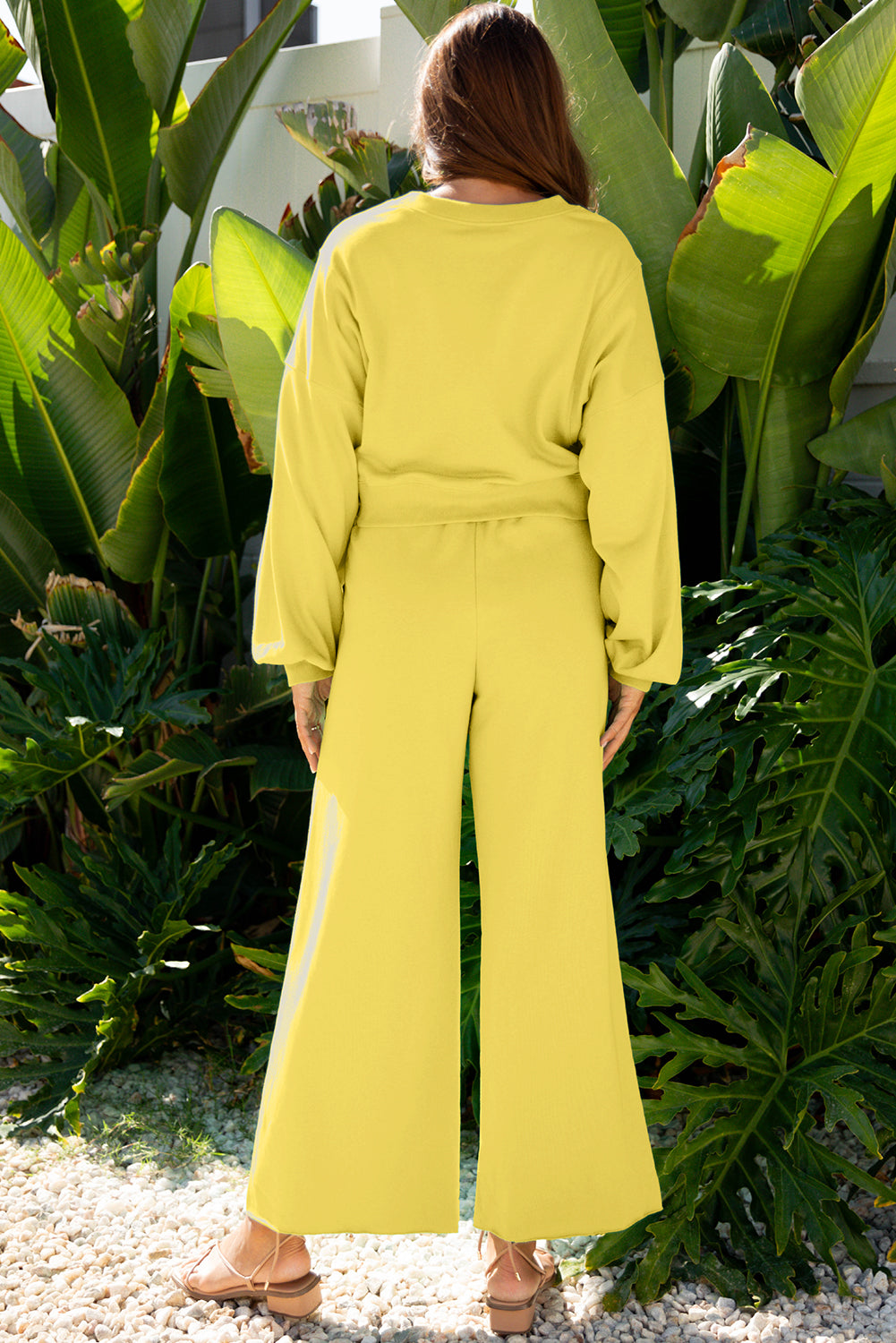 Flamingo Drop Shoulder Puff Sleeve Crop Pullover Drawstring Wide Leg Pants Set