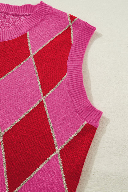 Rose Glitter Trim Rhombus Pattern Knit Sweater Vest