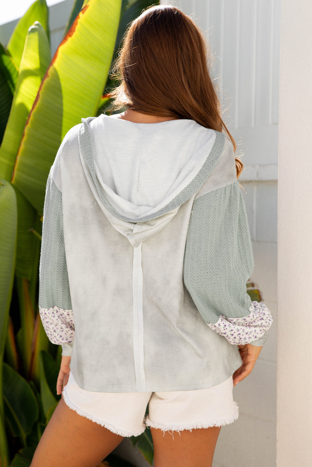 Pink Floral Patched Waffle Textured Colorblock V Neck Casual Hooded Top