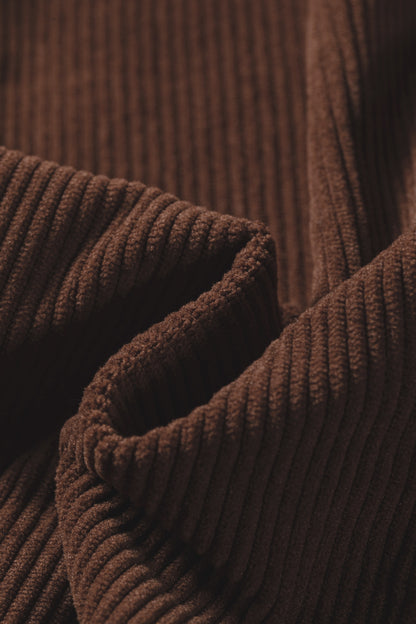 Coffee Solid Color Ruffle Trim V Neck Long Sleeve Button Corduroy Shakcet