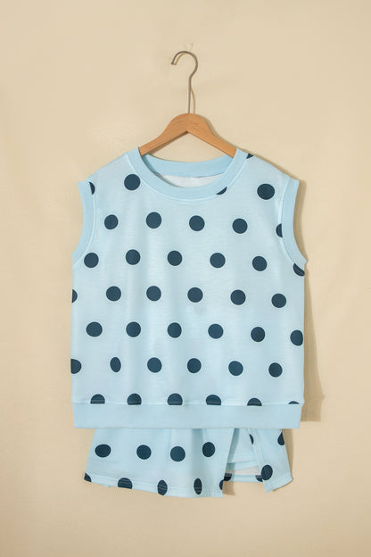 White Ribbed Trim Polka Dot Print Tank Split Mini Skort 2pcs Set