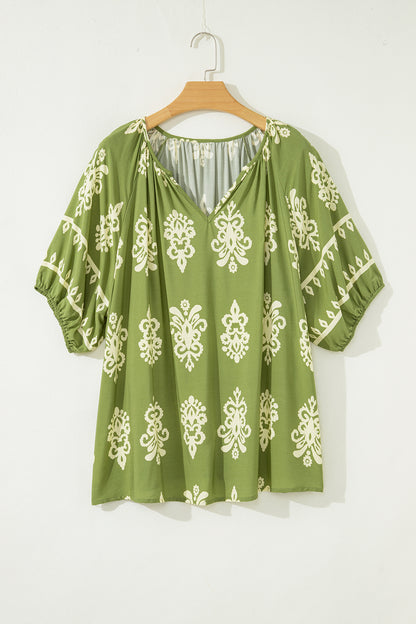 Black Boho Chic Notched V Neck Plus Floral Short Sleeve Top