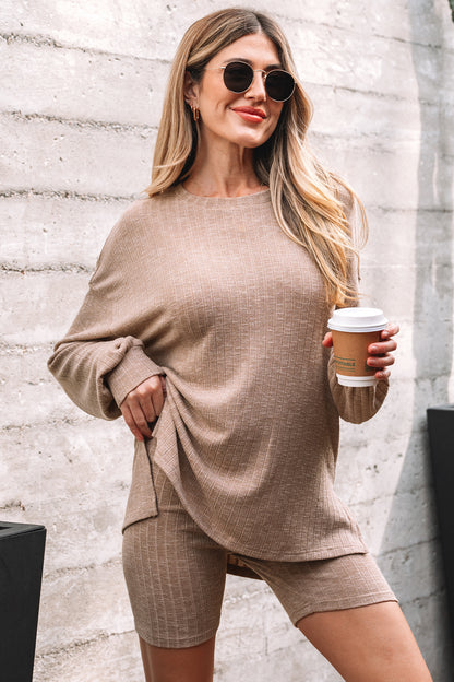 Dark Khaki Ribbed Balloon Sleeve Pullover Top and Biker Knitted Short Set