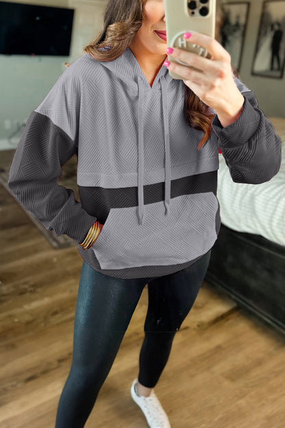 Pink Textured Color Block Kangaroo Pocket Drop Shoulder Hoodie