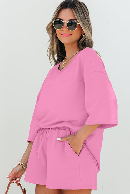 Meadow Mist Green Solid Loose V Neck Half Sleeve Tee and Shorts