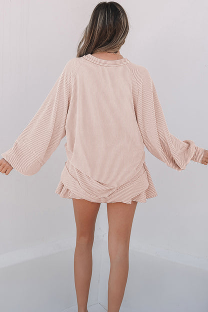 Sky Blue Corded Lantern Sleeve Top High Waist Ruffled Mini Skort Set