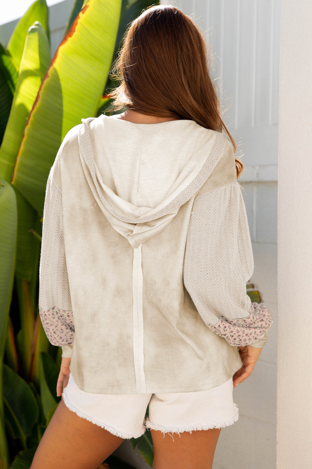 Pink Floral Patched Waffle Textured Colorblock V Neck Casual Hooded Top