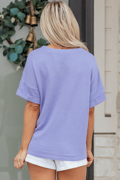 Strawberry Pink Waffle V Neck Short Sleeve Knit Top