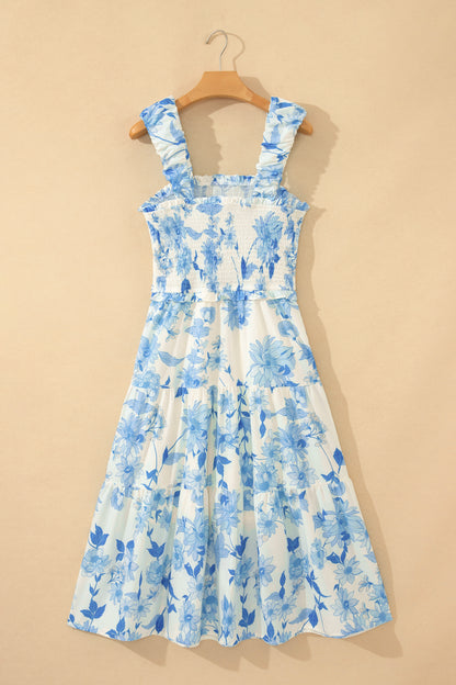Sky Blue Ruffled Straps Smocked High Waist Floral Maxi Dress