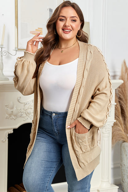 Parchment Cable Knit Braided Tie Sleeve Plus Size Open Cardigan