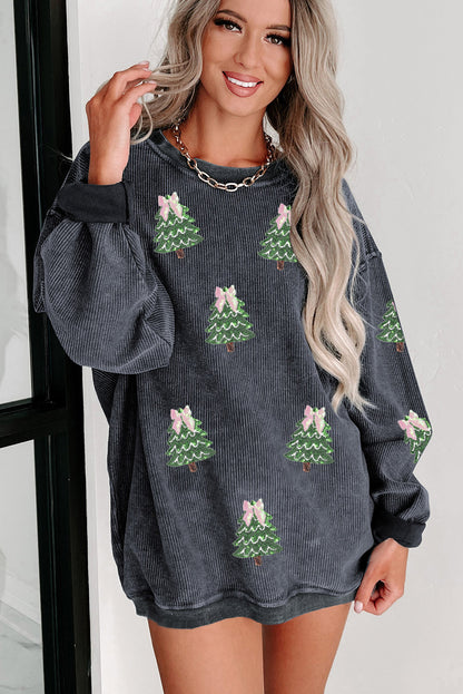 Gray Ribbed Round Neck Sequin Christmas Tree Patched Baggy Sweatshirt