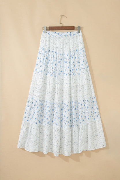 Sky Blue High Waist Tiny Floral Print Boho Maxi Skirt