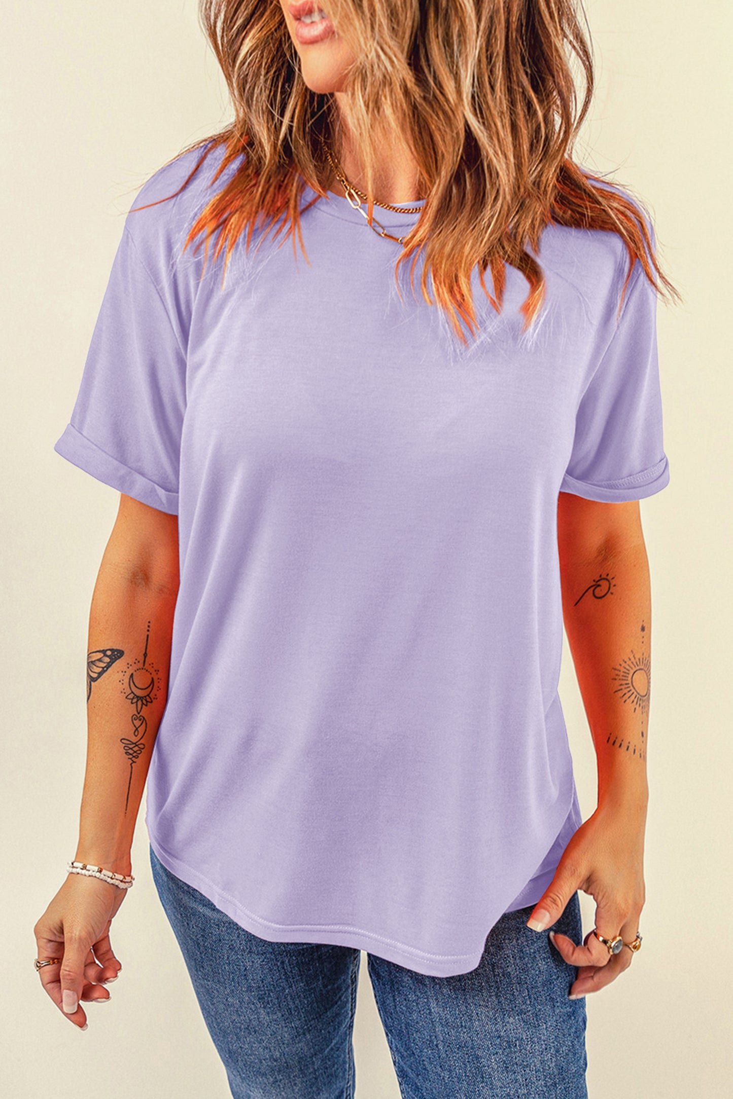 Sachet Pink Bright Casual Plain Crew Neck Tee