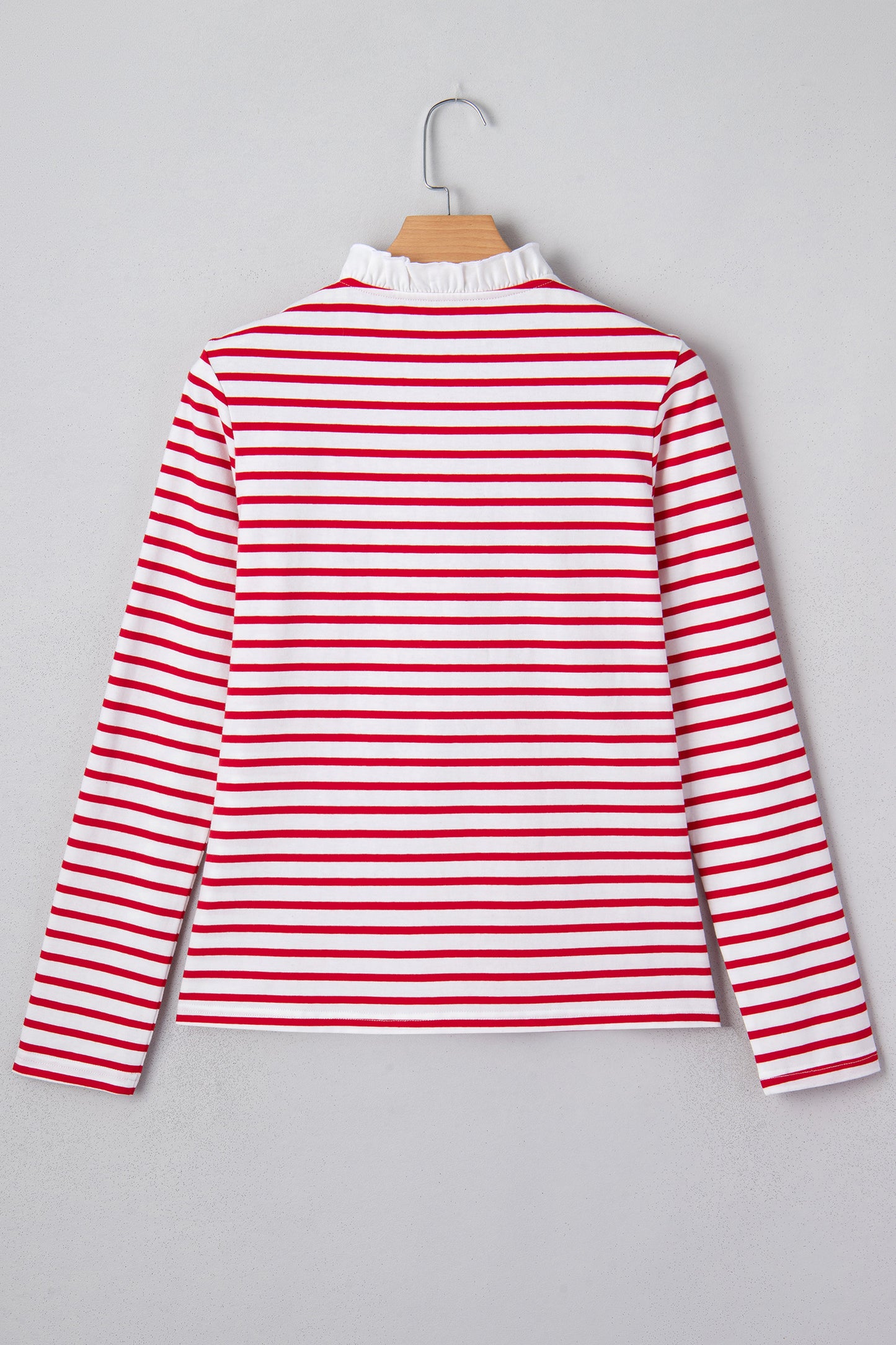 Red Stripe Contrast Frilled Trim Half Button Long Sleeve Top