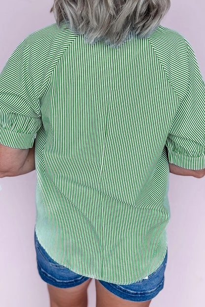 Pink Striped Print Collared Split Neck Half Sleeve Blouse