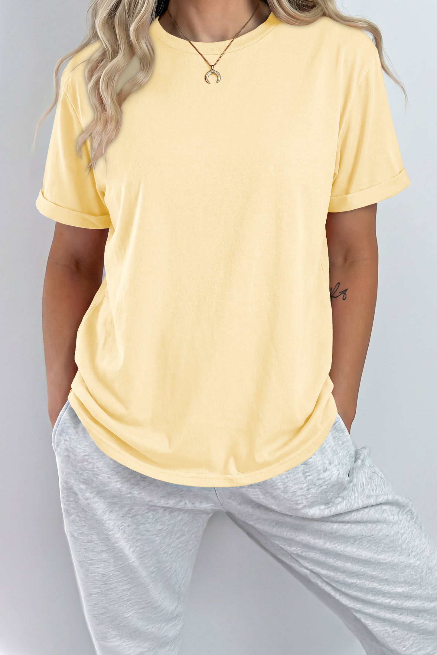 Sachet Pink Bright Casual Plain Crew Neck Tee
