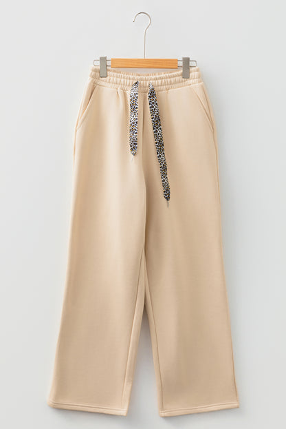 Dearlovers Coffee Fleece Lined Leopard Drawstring Elastic Waist Solid Pants