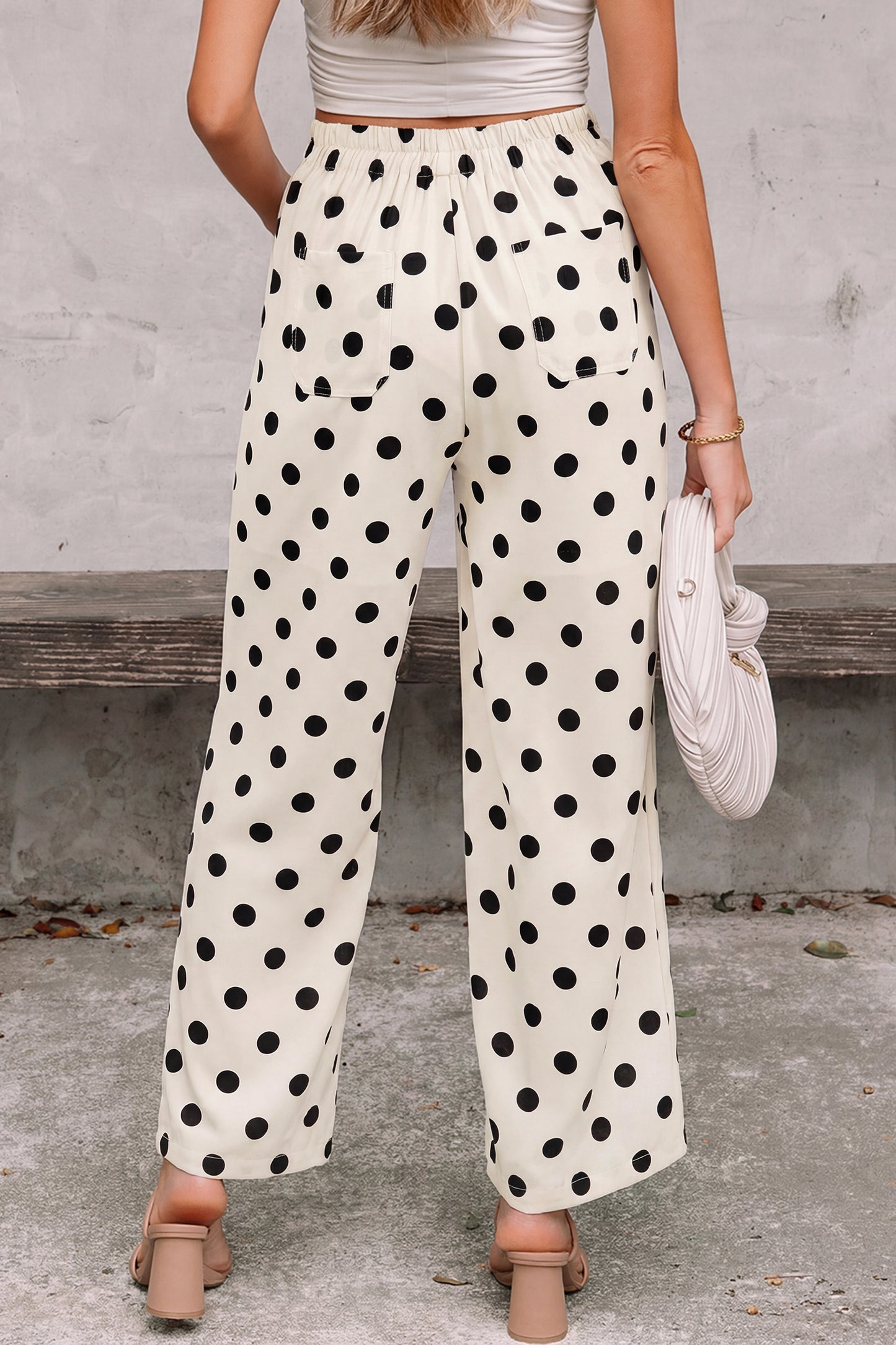 Black Polka Dot Print Patched Pocket Mid-rise Straight Leg Pants