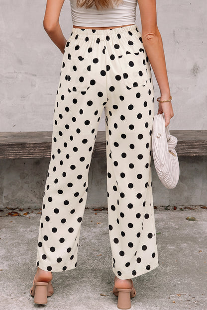 Black Polka Dot Print Patched Pocket Mid-rise Straight Leg Pants