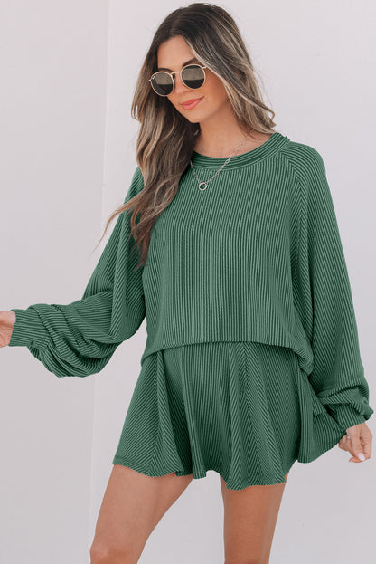 Sky Blue Corded Lantern Sleeve Top High Waist Ruffled Mini Skort Set