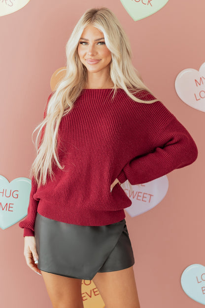 Black Ribbed Knit Ribbon Knot Backless Drop Shoulder Sweater