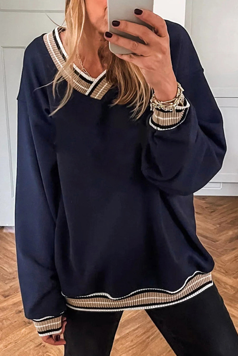 Parchment Varsity Contrast Striped Trim V Neck Sweatshirt