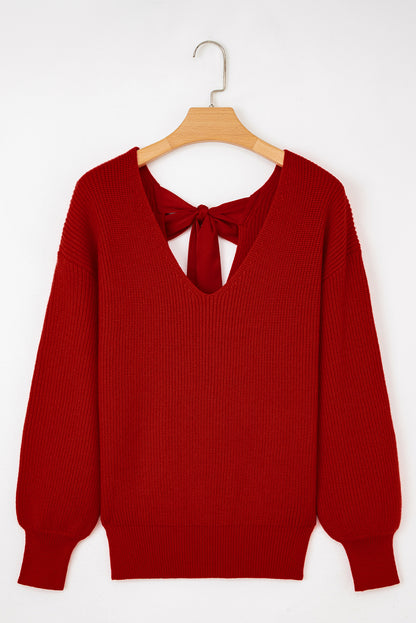 Coffee Lantern Sleeve V Neck Knot Back Sweater