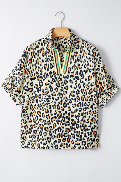 Sky Blue Leopard Color Block Contrast Striped V Neck Half Sleeve Loose Fit Blouse