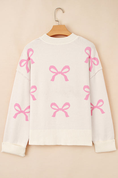 Pink Bow Print Ribbed Trim Exposed Seam Drop Shoulder Loose Sweater