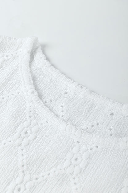 White Flower Geometric Textured Button Short Sleeve Top