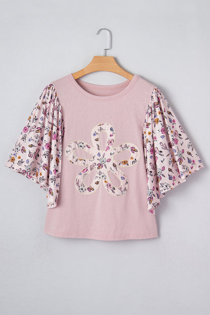 Pink Contrast Floral Patched Flowy Half Sleeve Blouse
