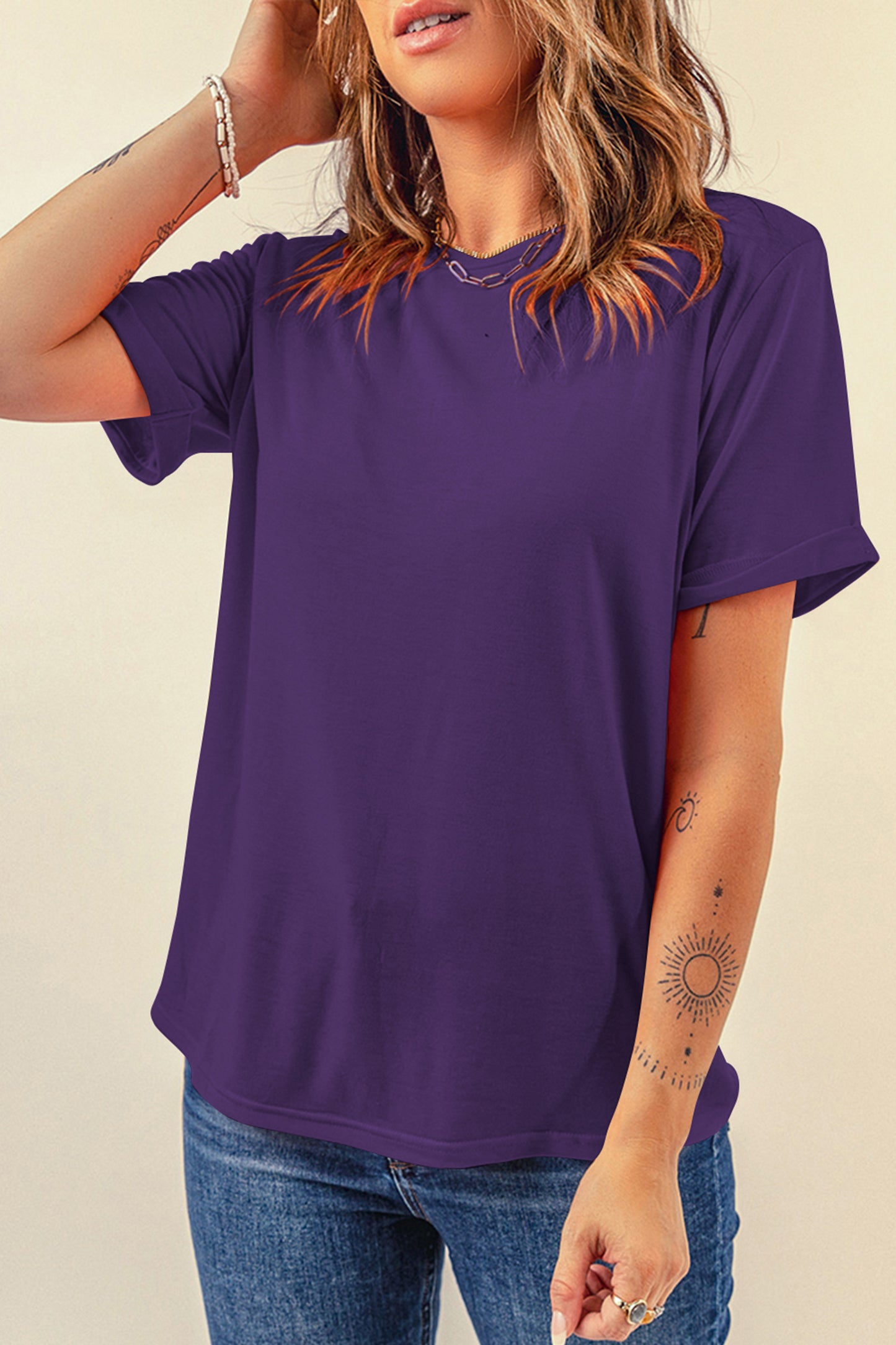Sachet Pink Bright Casual Plain Crew Neck Tee