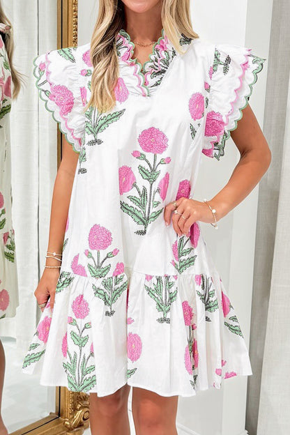 Sky Blue Wild Floral Print Scalloped Embroidery Trim V Neck Drop Waist Mini Dress
