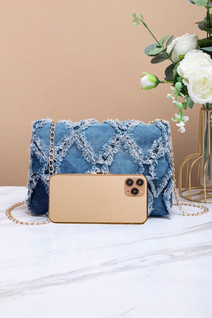 Blue Distressed Lattice Denim Chain Strap Shoulder Bag