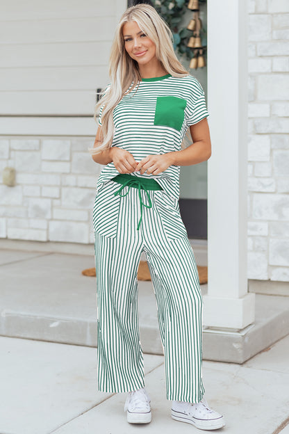 Rose Stripe Crew Neck Tee Drawstring Waist Cropped Pants Set